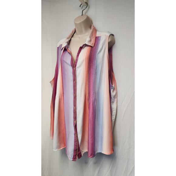 Terra & Sky Ombre Stripe/Orchid Bloom Women's Plus Size Pintuck Camp Shrit 4X - Picture 4 of 7